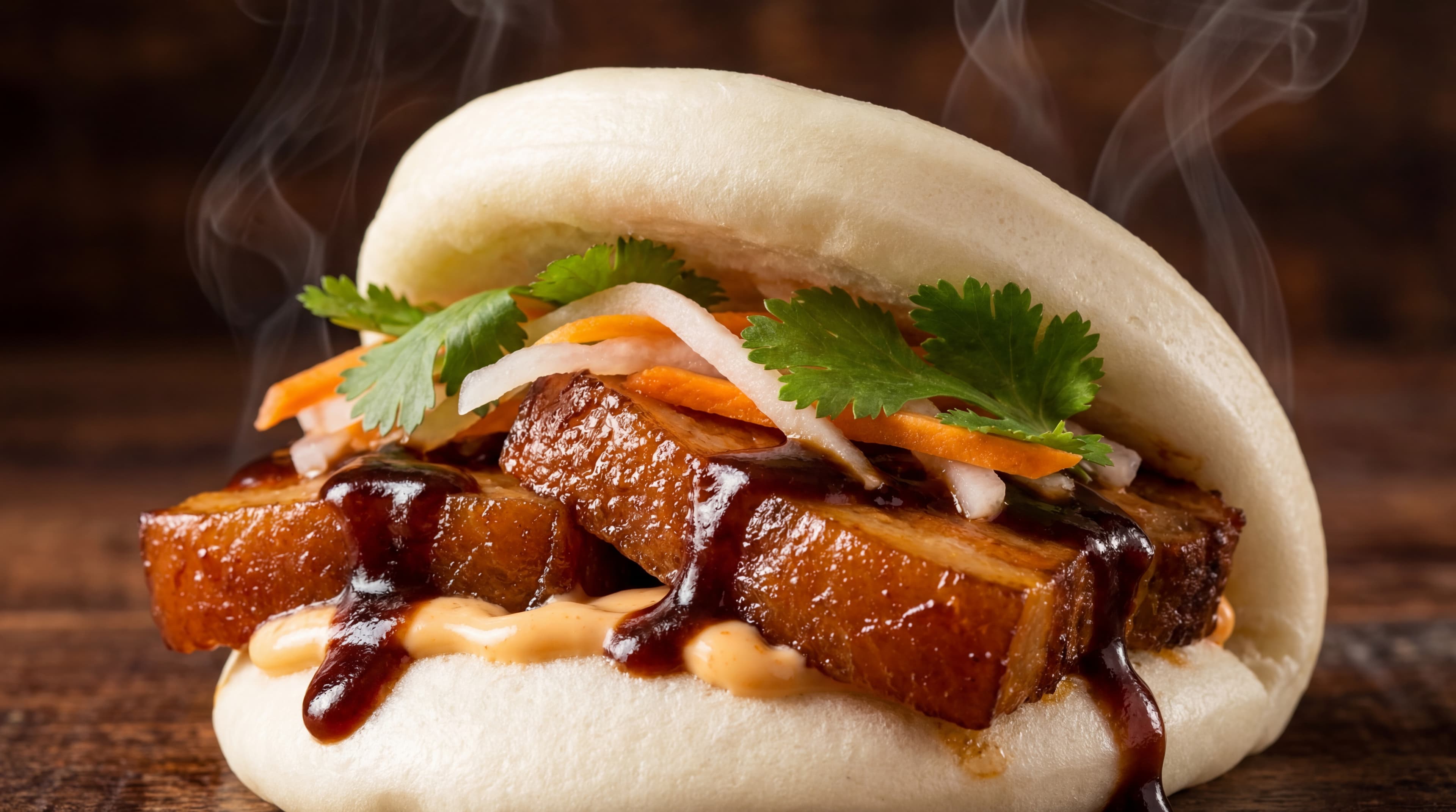 Pork belly bao bun with pickled vegetables and hoisin