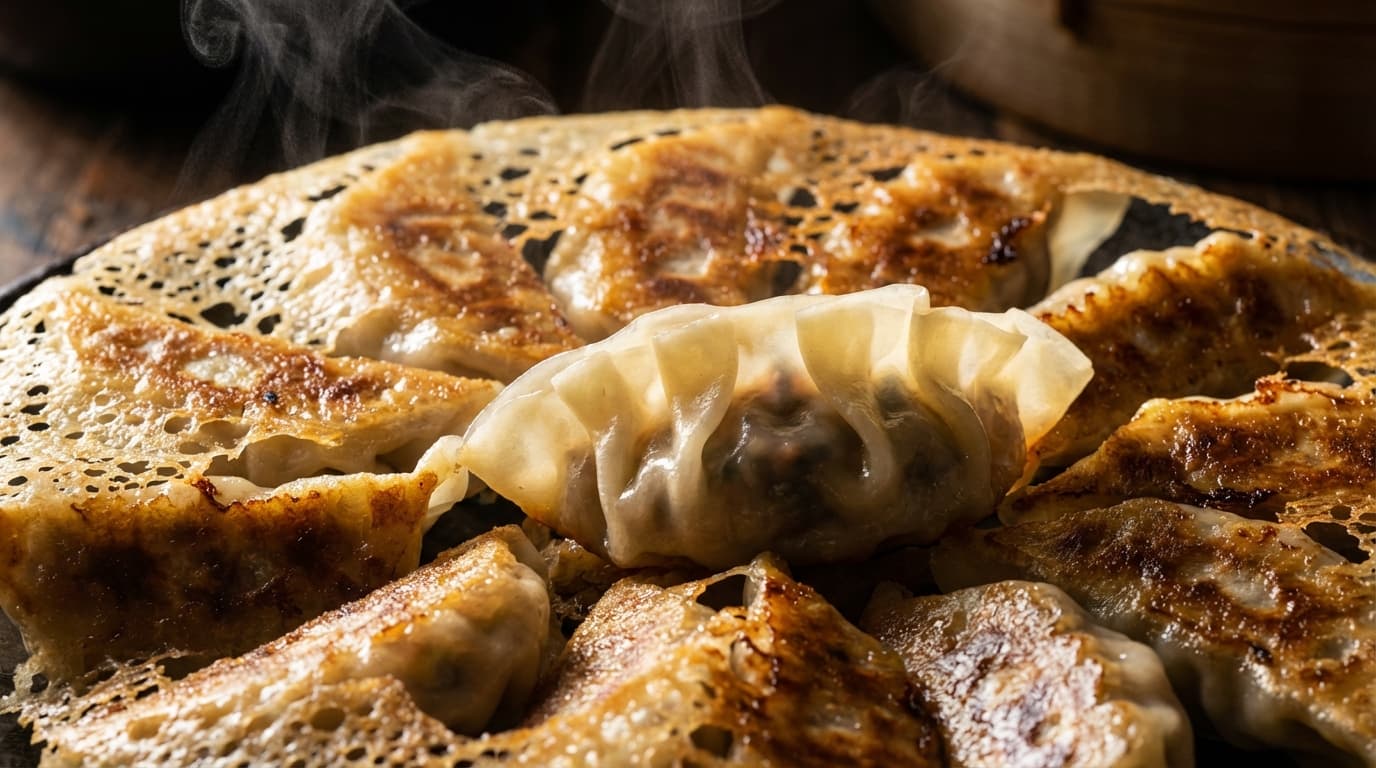 Golden pan-fried dumplings with crispy lace bottoms