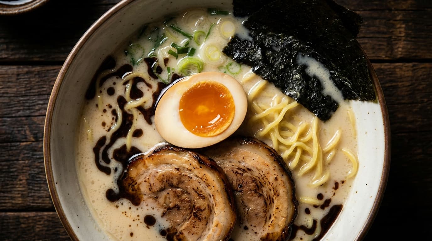 Rich tonkotsu ramen with soft-boiled egg and chashu