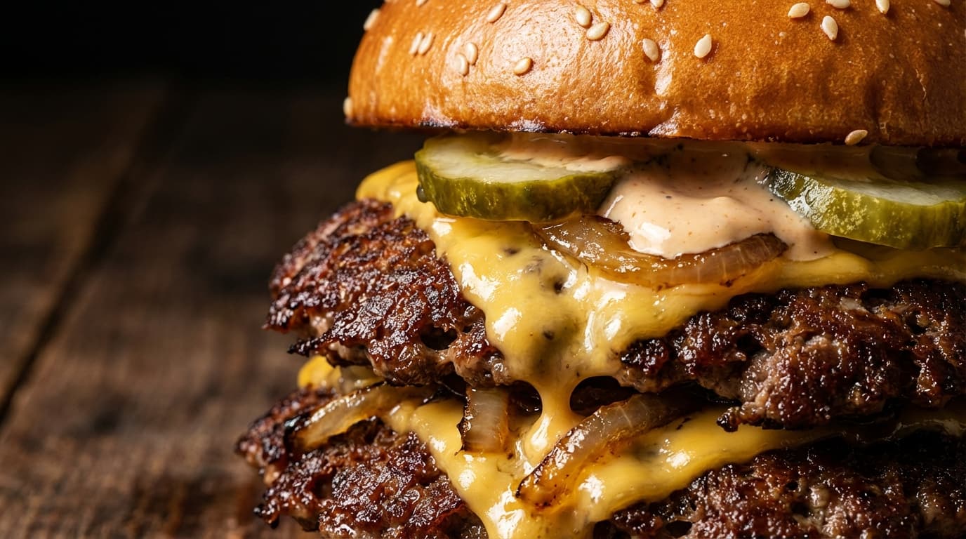 Double smashburger with melted cheese and caramelized onions